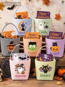 Customized Embroidered Name Halloween Trick Or Treat Bag, Cute Ghost & Pumpkin Pattern Halloween Party Candy Basket Gift - Multicolor - View 1
