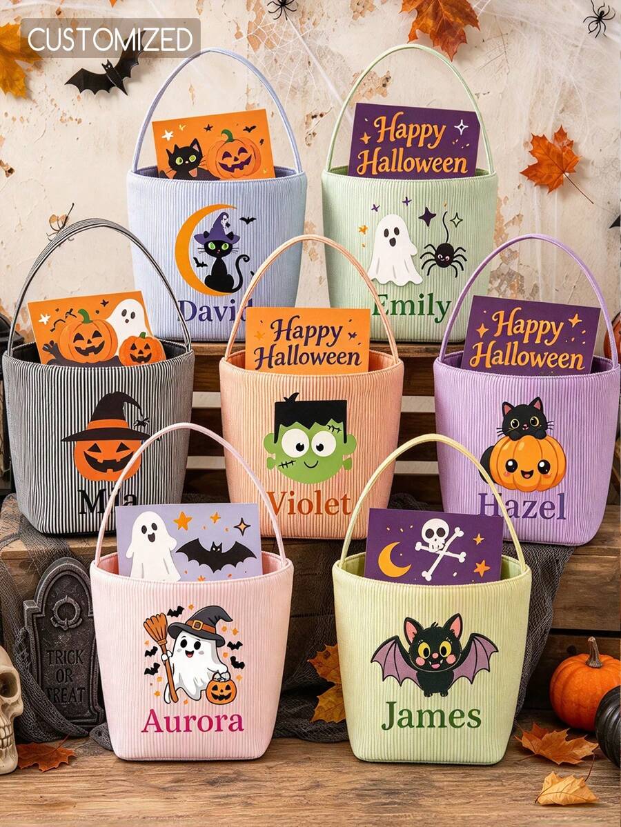 Customized Embroidered Name Halloween Trick Or Treat Bag, Cute Ghost & Pumpkin Pattern Halloween Party Candy Basket Gift - Multicolor - View 1