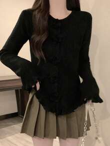 Women's Soft Sweet Rose Button Asymmetrical Cardigan New Flare Sleeve Top - Black - View 6