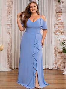 Plus Size Women's Off-Shoulder Ruffle Slit Bridesmaid Dress, Elegant Wedding Guest Dress - Baby Blue - View 3