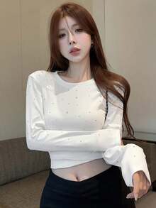 Women's Solid Color Rhinestone Embellished Round Neck Long Sleeve Fitted Short Casual Top White - White - View 4