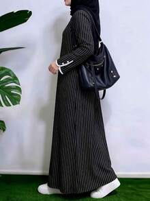 Women's Autumn/Winter Fashion Elegant Long Sleeve Striped Front Button Round Neck Maxi Dress - Black and White - View 5