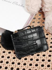 Fashionable Animal Pattern Zipper Multi Slot Card Bag, Adorned With A Delicate Pom-Pom, Large Capacity Credit Card Package, Suitable For Outdoor Use - Black - View 7