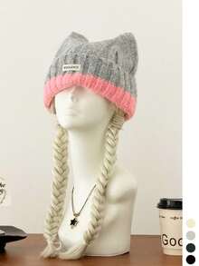1pc Adorable Cat Ear Colorblock Knitted Beanie Hat For Women, Warm And Versatile, Face-Slimming Woolen Headwear For Autumn/Winter - Color-block Turned-edge Cat Ears - View 5