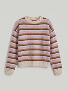 Just Masa Women's Fall Winter Multi-Striped Fuzzy Sweater Top,Long Sleeve Round Neck Rib-Knit Pullover,For Daily Wear,Going Out,Date,Travel - Colorful Stripes - View 3