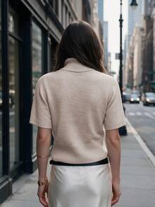 Women Turtleneck Short Sleeve Sweater Knit Top Ribbed Hem Basic Layering Outfits For Fall Winter Daily Commuting Going Out Dating - Apricot - View 6