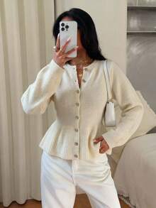 Fashionable Women's Fitted Button-Up Cardigan Sweater, Long Sleeve Ribbed Knit Top With Flared Hem And Round Neck, Suitable For Daily Wear And Autumn/Winter Fashion - Apricot - View 3