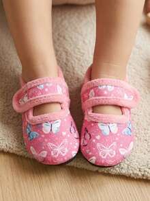 Girls' Indoor Slippers Socks Shoes, Lightweight Soft Rubber Sole, Warm And Comfortable For Autumn/Winter, Pink Butterfly Hook-And-Loop, For Toddlers And Middle Children - Pink - View 10