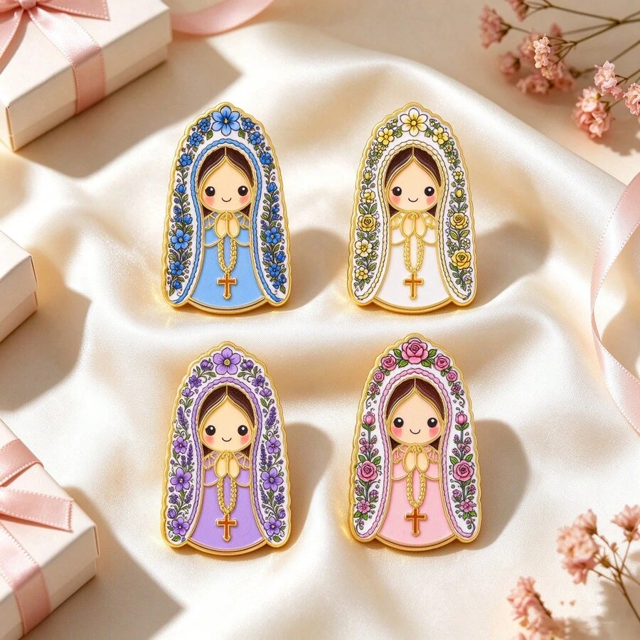 Cartoon Virgin Mary Enamel Pins, Floral Design Lapel Brooches, Cute Badges For Backpack Hat Clothes, Christian Religious Gift For Believers