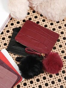 Fashionable Animal Pattern Zipper Multi Slot Card Bag, Adorned With A Delicate Pom-Pom, Large Capacity Credit Card Package, Suitable For Outdoor Use - Black - View 3