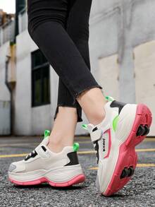 BLSART 1 Pair Girls' Beige & Rose Red Colorblock Mesh Four-Wheel Roller Skate Shoes With Hook And Loop Closure, Kids' Sports Shoes With Wheels - Beige - View 1