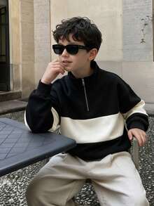 Tween Boys Colorblock Half-Zip Stand Collar Sweatshirt, Casual Long Sleeve Pullover, Autumn/Winter Kids' Sports Top - Black - View 7