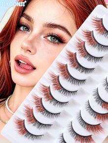10 Pairs Colorful False Eyelashes, 3D Voluminous Strip Lashes With Red Accents, For Cosplay, Holiday Celebrations And Stage Makeup - Red - View 1