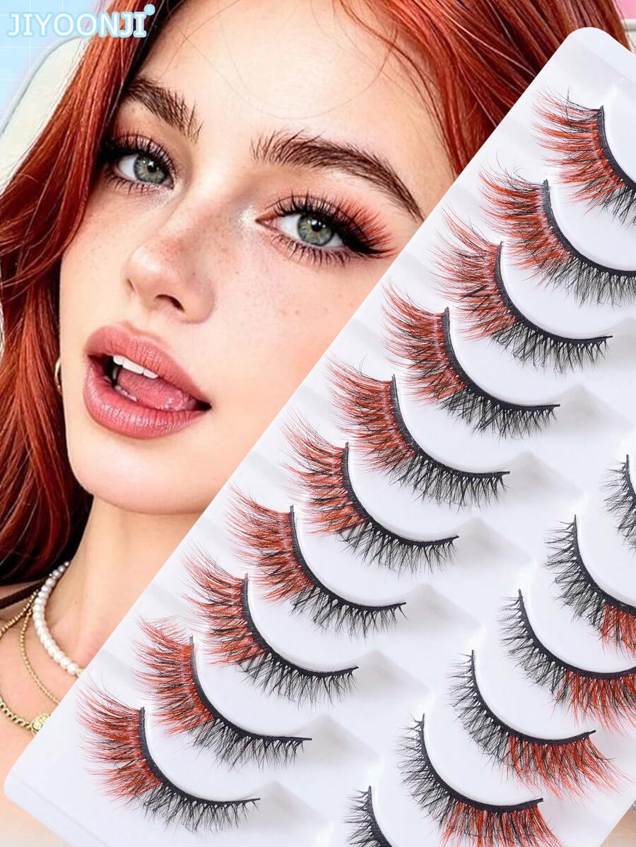 10 Pairs Colorful False Eyelashes, 3D Voluminous Strip Lashes With Red Accents, For Cosplay, Holiday Celebrations And Stage Makeup - Red - View 1