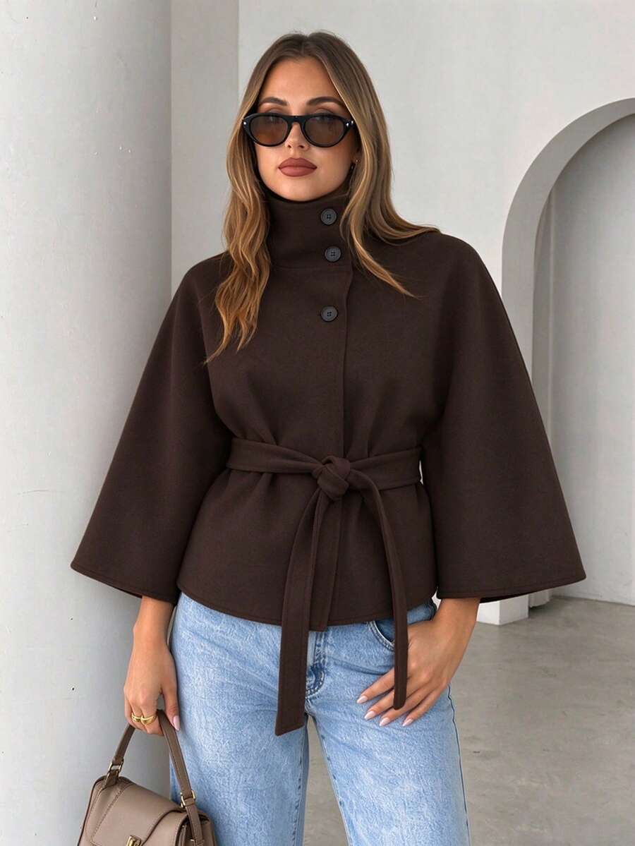 Women's Short Stand Collar Cape Coat, Suitable For Daily/Shopping/Dating/Dining And Other Occasions - Coffee Brown - View 1