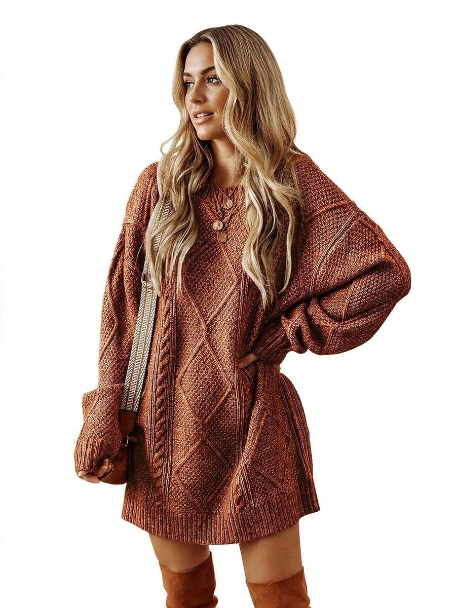 Acelitt Autumn/Winter Women's Oversized Loose Fit Textured Knit Dress, Brown Solid Color, Recommend Sizing Down One Size