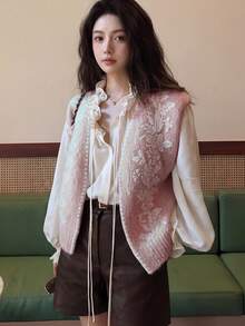 Alicedudu Chaleco de mujer con bordado floral hecho a mano, para otoño/invierno - Rosa - Ver 1