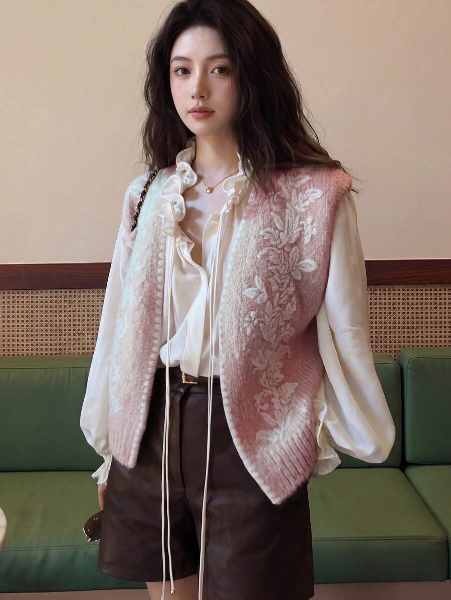 Alicedudu Chaleco de mujer con bordado floral hecho a mano, para otoño/invierno - Rosa - Ver 1