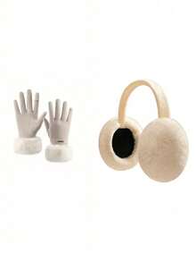 2pcs/Set Plush Foldable Earmuffs And Plush Trim Gloves, Suitable For Autumn/Winter, Versatile Fashion Minimalist - Multicolor - View 11