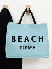 大容量亞麻托特包，印有「BEACH」字母圖案，便攜大容量購物袋，亞麻手柄托特包，多功能收納袋，個性化禮品袋，適用於旅行、購物、度假、返校、派對等場合，母親節、生日、教師節、週年紀念、節日禮物、派對活動的完美伴侶 - 彩色 - 查看 11