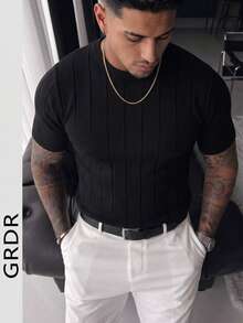 GRDR Men's Summer Round Neck Ribbed Knit Short Sleeve T-Shirt, Outdoor Casual Wear - Black - View 2