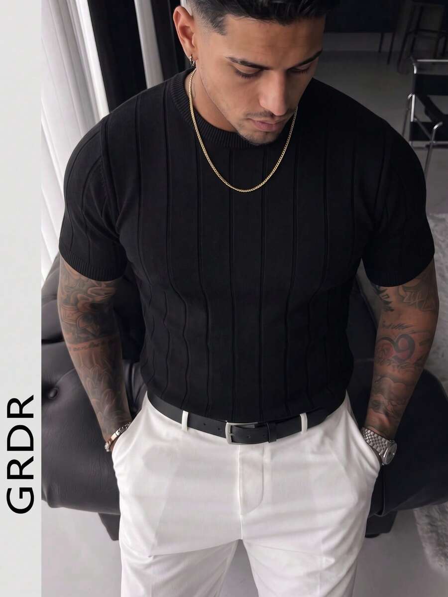 GRDR Men's Summer Round Neck Ribbed Knit Short Sleeve T-Shirt, Outdoor Casual Wear
