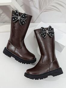 1 Pair Girls' Tall Chelsea Boots, Soft PU + Rhinestone Bow Material, Elastic Soft Sole With Inner Zipper Design, Simple Classic Princess Style Long Boots, Suitable For Daily School, Holidays, Autumn/Winter New - Coffee Brown - View 3