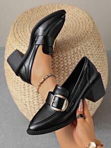 Vintage Pointed Toe Chunky Heel Loafers With Metal Buckle Decor, High Heel Women's Shoes For Office Commute And Formal Wear - Black - View 1