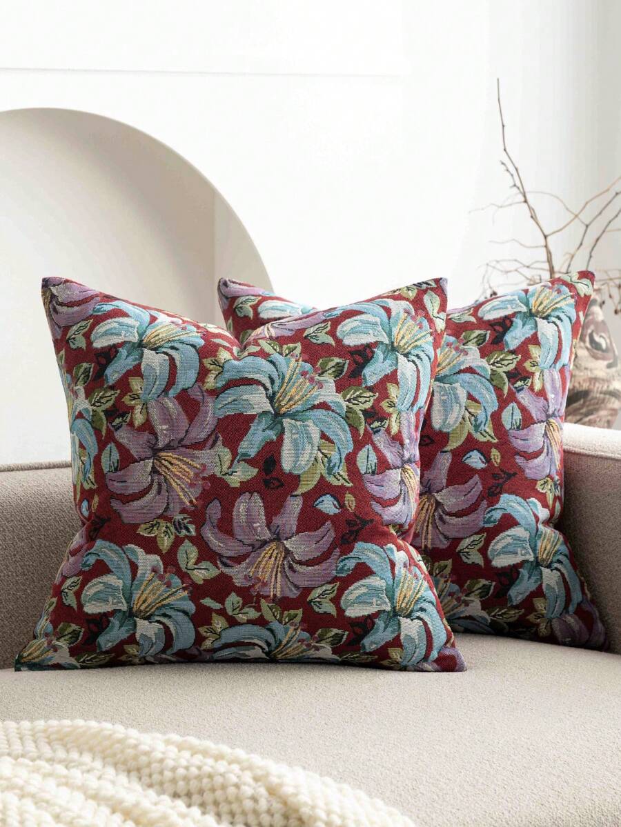 1 pièce Taie d'oreiller rouge foncé (sans rembourrage) à motif de lys pastoral, tissu jacquard vintage à la mode et confortable + taie d'oreiller à effet de broderie factice, convient pour la décoration intérieure quotidienne, le canapé, le lit, la chambre, les cadeaux, la décoration de fête, toutes saisons - Convolvolus rouge - Voir 1