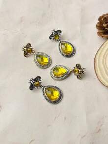 Yellow Teardrop Drop Earrings Bee Antique Metal Color Blocking Boho Vintage - Bee Teardrop Earrings - View 3