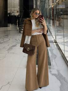 Women's High Waist Corduroy Wide Leg Pants, Single Button Zipper Fly, Square Patch Pockets, Solid Color Casual Long Pants - Khaki - View 10