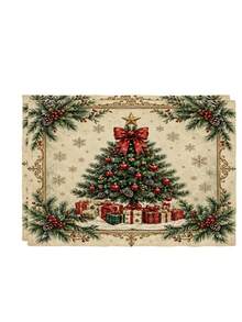 2/4/6 Pcs Christmas Tree Letter Solid Printed Placemats Vintage Polyester Rectangular Heat Resistant Table Mats For Christmas Dining Table Decor - Apricot - View 7