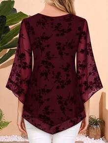 CheersLife Women's Elegant V-Neck Double-Layer Elastic Mesh Casual Flowy Work Blouse With Ruffle Trim And 3/4 Bell Sleeves Red - Red - View 4