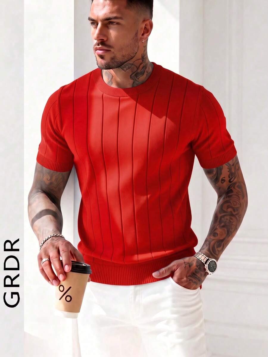 GRDR Men's Summer Ribbed Crew Neck Lightweight Knit Short Sleeve Sweater