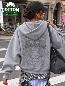 女款秋冬新款極簡天使之翼印花棉混紡衛衣，休閒時尚百搭日常穿著，保暖內裡 - 深花灰 - 查看 3