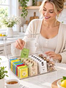 1pc Hinged Lid Divided Tea Bag Storage Box, Transparent Stackable 4-Compartment Plastic Tea Bag Organizer, Suitable For Kitchen And Countertop - Multicolor - View 3