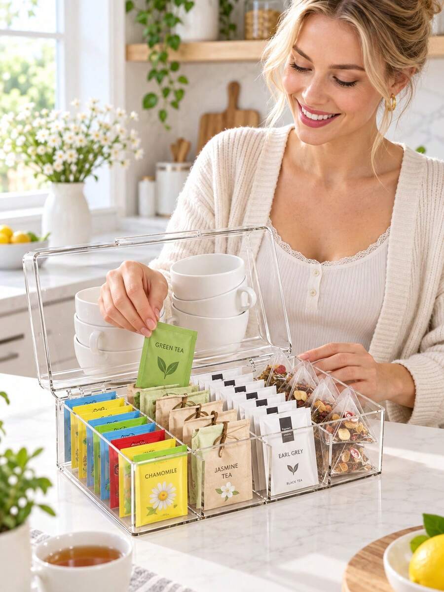1pc Hinged Lid Divided Tea Bag Storage Box, Transparent Stackable 4-Compartment Plastic Tea Bag Organizer, Suitable For Kitchen And Countertop - Multicolor - View 1