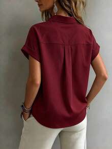 Women's Fashionable Short Sleeve Collared Shirt, Versatile Loose Casual Commute Vest Top, Solid Color Button Front, Daily Wear Summer - Burgundy - View 2