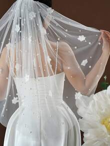 1pc Women's Short Bridal Veil, Large Bow Design, Double Layer Satin Trim Tulle, Pearl Decoration, Wedding Bride Bridesmaid Hair Accessory - White - View 3