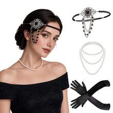 3件組 1920年代 Flapper Gatsby 風格服飾配件套裝 20年代復古珍珠項鍊 手套 鑲鑽派對女款 - HD6516 - 查看 1