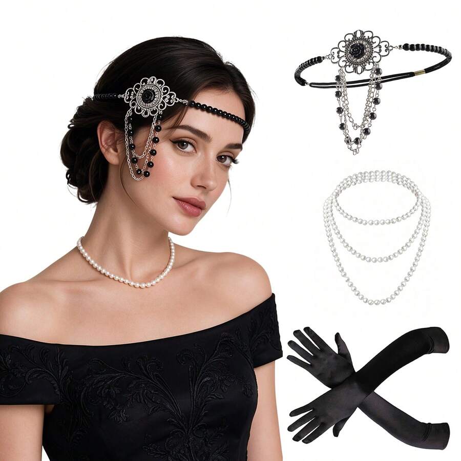 3件組 1920年代 Flapper Gatsby 風格服飾配件套裝 20年代復古珍珠項鍊 手套 鑲鑽派對女款 - HD6516 - 查看 1