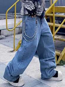 Men's Light Wash Wide Leg Loose Fit Jeans - Blue - View 5
