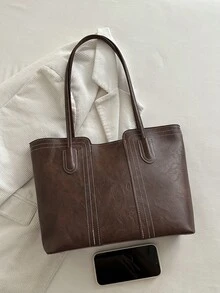 1pc Brown PU Smooth Zipper Embroidered Decor Fashion Versatile Casual Minimalist Solid Color Autumn/Winter New Elegant Niche Women's Shoulder Tote Bag, Suitable For Daily Use - Brown - View 7
