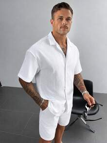 GloMan Men's Loose Fit Plus Size Short Sleeve Shirt And Drawstring Shorts 2-Piece Set, Summer/Autumn, Suitable For Beach Vacation, Casual Wear, Gift For Boyfriend/Husband - White - View 1