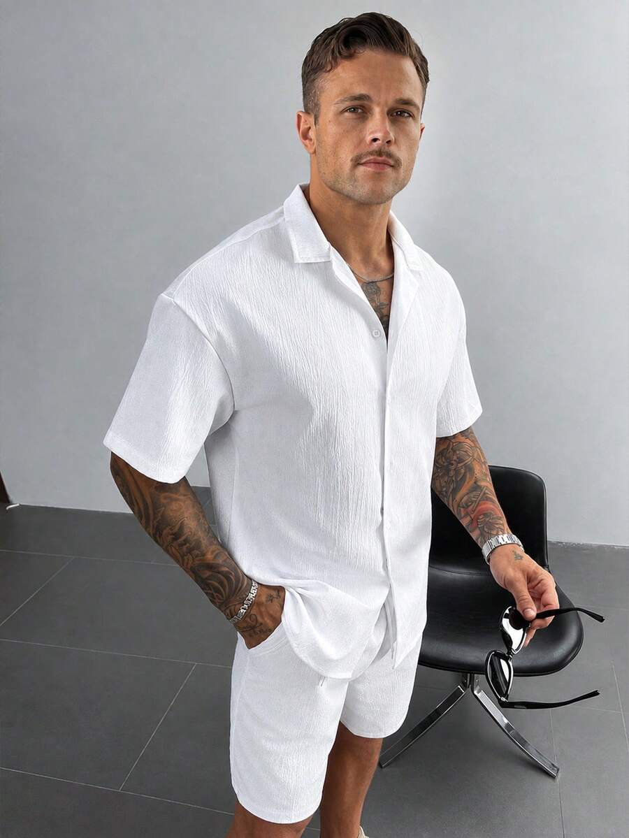 GloMan Men's Loose Fit Plus Size Short Sleeve Shirt And Drawstring Shorts 2-Piece Set, Summer/Autumn, Suitable For Beach Vacation, Casual Wear, Gift For Boyfriend/Husband - White - View 1