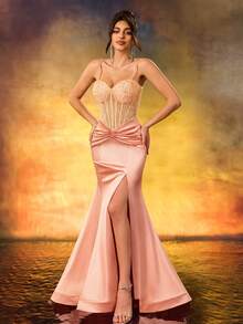 Women's Contrast Color Party Mermaid Hem Slit Formal Evening Gown Dress Wedding - Coral Pink - View 4