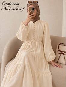 Women's Elegant Solid Color Button Waist Tie Knot Long Sleeve Lantern Sleeve Patchwork Hem Maxi Dress Fall - Apricot - View 1