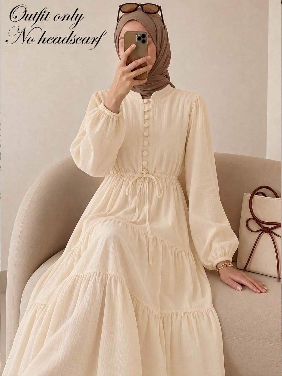 Women's Elegant Solid Color Button Waist Tie Knot Long Sleeve Lantern Sleeve Patchwork Hem Maxi Dress Fall - Apricot - View 1