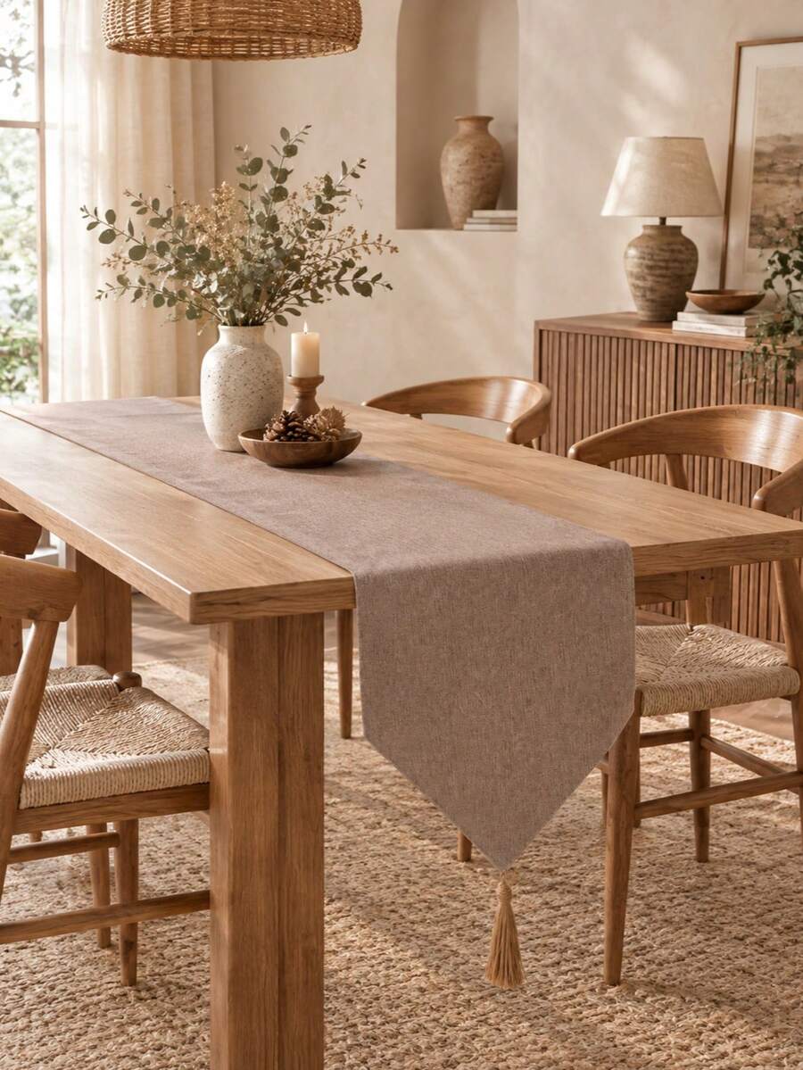 Minimalist Pure Brown Textured Table Runner, Faux Linen With Tassel Trim, Neutral Style Dining Table Decor Cloth, Suitable For All Seasons, For Dining Table, Coffee Table, Entryway Console, Vanity And Entryway - Khaki - View 1
