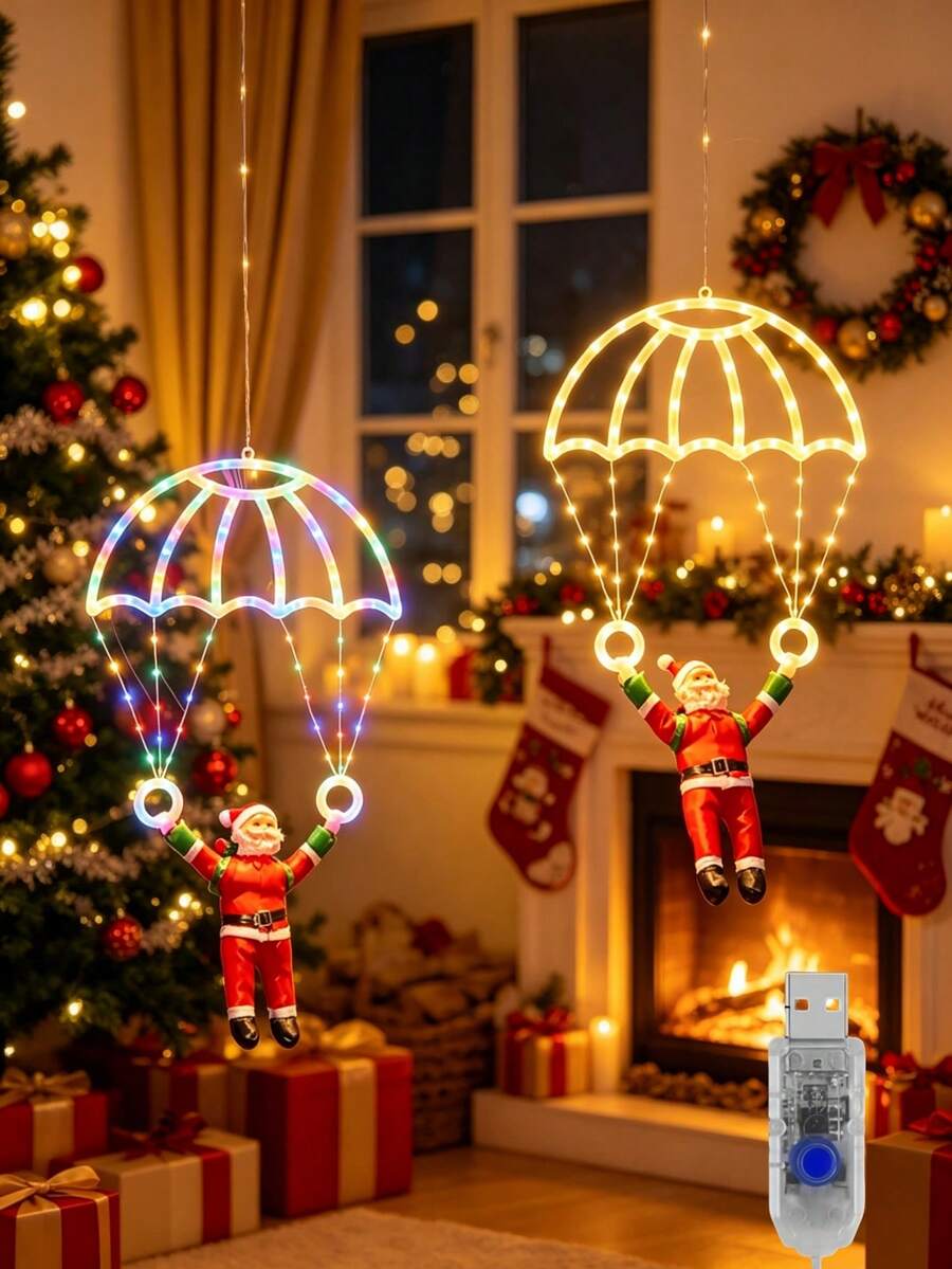 1 buah Lampu Parasut Santa Natal, Desain Kreatif Parasut Santa, Ditenagai oleh USB, Cocok untuk Dekorasi Dalam Rumah untuk Suasana Liburan, untuk Ruang Tamu, Kamar Tidur, Dekorasi Pohon Natal, Hadiah Pesta